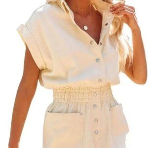 Short Sleeve Elastic Waist Button Up Utility Romper Jumpsuit Beige